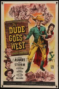 8g186 DUDE GOES WEST 1sh '48 wacky art of cowboy Eddie Albert protecting sexy Gale Storm!