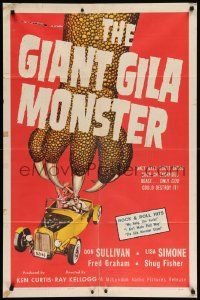 8g282 GIANT GILA MONSTER 1sh '59 classic art of giant monster hand grabbing teens in hot rod!