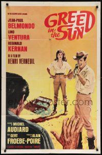 8g308 GREED IN THE SUN 1sh '65 artwork of Jean-Paul Belmondo pointing rifle at man with hands up!