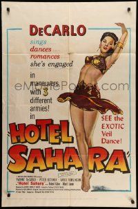 8g349 HOTEL SAHARA 1sh '51 full-length artwork of sexy exotic veil dancer Yvonne De Carlo!
