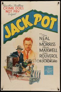 8g393 JACK POT 1sh '40 crime gambling, art of Tom Neal, shady guy and boy rigging slot machines!