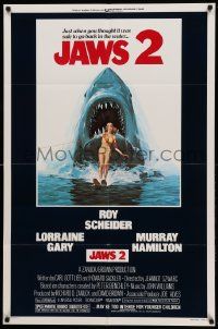 8g398 JAWS 2 1sh '78 great classic art of giant shark attacking girl on water skis by Lou Feck!