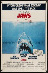 8g397 JAWS 1sh R79 art of Steven Spielberg's classic man-eating shark attacking nude swimmer!