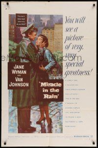 8g510 MIRACLE IN THE RAIN 1sh '56 great romantic art of Jane Wyman & Van Johnson!