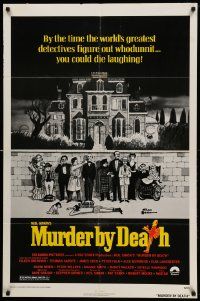 8g523 MURDER BY DEATH 1sh '76 great Charles Addams art of cast by dead body, yellow title design!