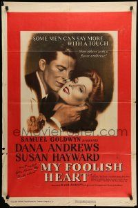 8g531 MY FOOLISH HEART 1sh '50 close up of Susan Hayward & Dana Andrews, written by J.D. Salinger!