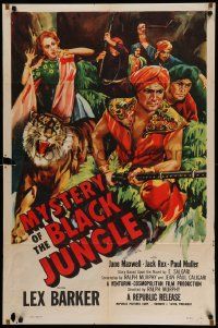 8g537 MYSTERY OF THE BLACK JUNGLE 1sh '55 art of Lex Barker w/rifle by tiger hunting in India!