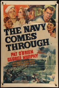 8g542 NAVY COMES THROUGH style A 1sh '42 sailors Pat O'Brien, George Murphy, Desi Arnaz, WWII art!