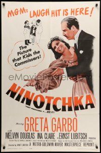 8g560 NINOTCHKA 1sh R62 Greta Garbo laughs with Melvyn Douglas, directed by Ernst Lubitsch!