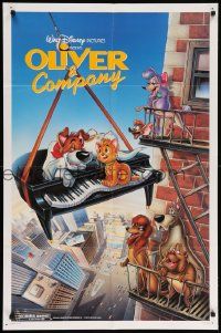 8g581 OLIVER & COMPANY 1sh '88 great art of Walt Disney cats & dogs in New York City!