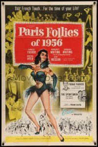8g605 PARIS FOLLIES OF 1956 1sh '56 great artwork of super sexy French showgirl!