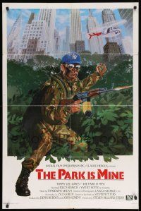 8g607 PARK IS MINE int'l 1sh '85 wild artwork of commando Tommy Lee Jones in Central Park!