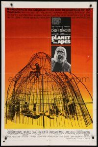 8g624 PLANET OF THE APES 1sh '68 Charlton Heston, classic sci-fi, cool art of caged humans!