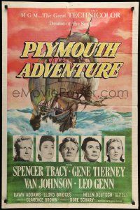 8g631 PLYMOUTH ADVENTURE 1sh '52 Spencer Tracy, Gene Tierney, cool art of ship at sea!
