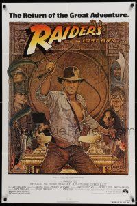 8g661 RAIDERS OF THE LOST ARK 1sh R82 great art of adventurer Harrison Ford by Richard Amsel!
