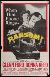 8g666 RANSOM 1sh '56 great image of Glenn Ford & Donna Reed waiting for call from kidnapper!