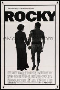 8g689 ROCKY 1sh '76 boxer Sylvester Stallone holding hands with Talia Shire, boxing classic!