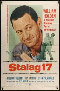 8g784 STALAG 17 1sh R59 different huge c/u of William Holden, Billy Wilder WWII POW classic!