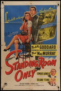 8g785 STANDING ROOM ONLY style A 1sh '44 art of housemaid Paulette Goddard held by Fred MacMurray!