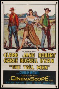 8g817 TALL MEN 1sh '55 full-length art of Clark Gable, sexy Jane Russell showing leg, Robert Ryan!
