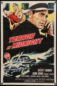 8g843 TERROR AT MIDNIGHT 1sh '56 Scott Brady, Joan Vohs, film noir, cool car crash art!