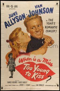 8g866 TOO YOUNG TO KISS 1sh '51 great romantic close up of Van Johnson & June Allyson!