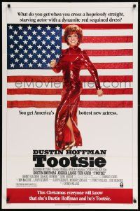 8g867 TOOTSIE advance 1sh '82 great full-length image of Dustin Hoffman in drag by American flag!