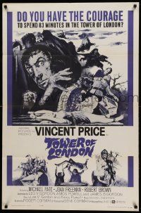 8g876 TOWER OF LONDON 1sh '62 Vincent Price, Roger Corman, montage of horror artwork!