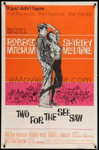 8g887 TWO FOR THE SEESAW 1sh '62 art of Robert Mitchum & sexy beatnik Shirley MacLaine by Hooks!