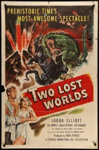 8g888 TWO LOST WORLDS 1sh '50 prehistoric time's most awesome spectacle, dinosaur art!