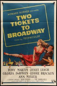 8g890 TWO TICKETS TO BROADWAY 1sh '51 great artwork of Janet Leigh & Tony Martin, Howard Hughes!
