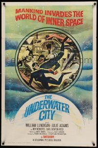 8g899 UNDERWATER CITY 1sh '62 William Lundigan, the world of inner space, scuba diving sci-fi art!