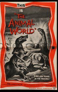 8h387 ANIMAL WORLD pressbook '56 great artwork of prehistoric dinosaurs & erupting volcano!
