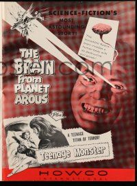 8h426 BRAIN FROM PLANET AROUS/TEENAGE MONSTER pressbook '57 wacky monster with rays from eyes!