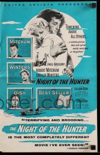 8h674 NIGHT OF THE HUNTER pressbook '56 Robert Mitchum & Winters, Laughton's classic noir!