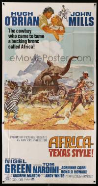 8j248 AFRICA - TEXAS STYLE 3sh '67 art of Hugh O'Brian roping zebra by stampeding animals!