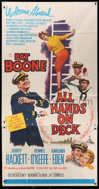 8j249 ALL HANDS ON DECK 3sh '61 Navy Captain Pat Boone, sexy Barbara Eden on ladder, Buddy Hackett