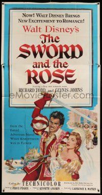 8j467 SWORD & THE ROSE 3sh '53 Walt Disney, art of Richard Todd swinging sword & Glynis Johns!