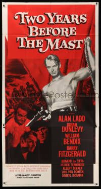 8j486 TWO YEARS BEFORE THE MAST 3sh R56 art of barechested Alan Ladd with gun, Donlevy, Bendix