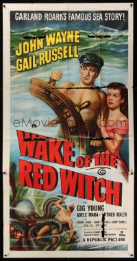 8j494 WAKE OF THE RED WITCH 3sh R52 art of barechested John Wayne & Gail Russell at sea!