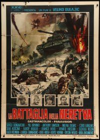 8j534 BATTLE OF NERETVA Italian 1p '69 different Gasparri art of World War II tank & soldiers!