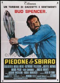 8j654 FLATFOOT Italian 1p '73 wacky art of Bud Spencer swinging big fish like a baseball bat!