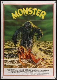 8j709 HUMANOIDS FROM THE DEEP Italian 1p '80 great art of Monster over sexy girl on beach!