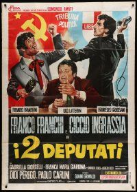8j713 I 2 DEPUTATI Italian 1p '69 wacky political comedy artwork of Franco & Ciccio fighting!