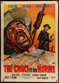 8j931 THREE CROSSES OF DEATH Italian 1p '68 Franco art of Craig Hill watching man hang from noose!