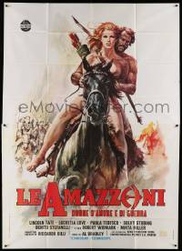 8j022 BATTLE OF THE AMAZONS Italian 2p '73 art of sexy naked female warrior Lucretia Love on horse!