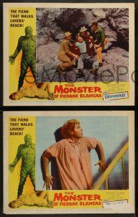 8k784 MONSTER OF PIEDRAS BLANCAS 3 LCs '59 three guys help wounded man, monster in border image!