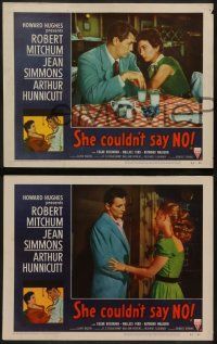 8k330 SHE COULDN'T SAY NO 8 LCs '54 sexy short-haired Jean Simmons, Dr. Robert Mitchum!