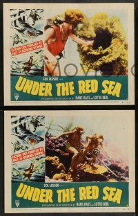 8k446 UNDER THE RED SEA 8 LCs '52 cool border art of scuba divers & sexy swimmer fighting shark!