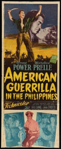 8m547 AMERICAN GUERRILLA IN THE PHILIPPINES insert '50 art of Tyrone Power & Micheline Prelle!